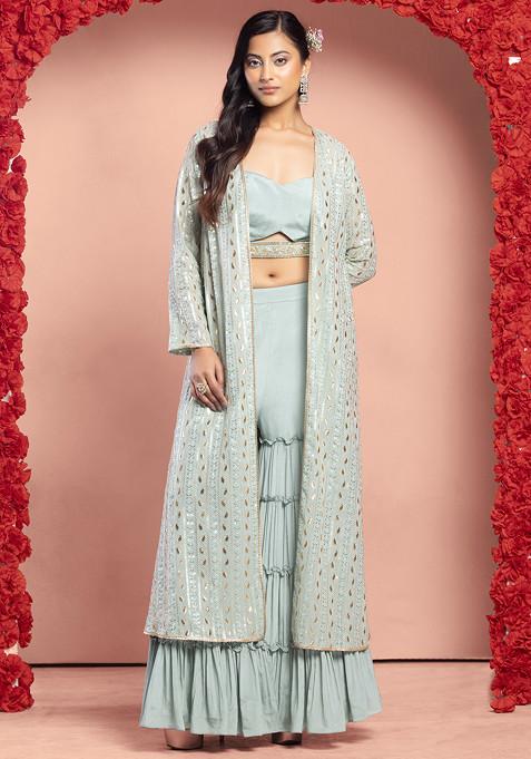 Seafoam Tiered Sharara Set With Blouse And Floral Hand Embroidered Jacket