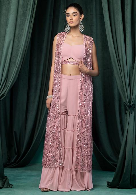 Dull Pink Sharara Set With Blouse And Sequin Hand Embroidered Jacket