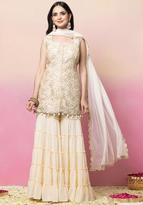 Ivory Sharara Set With Sequin Zari Embroidered Silk Kurta And Dupatta