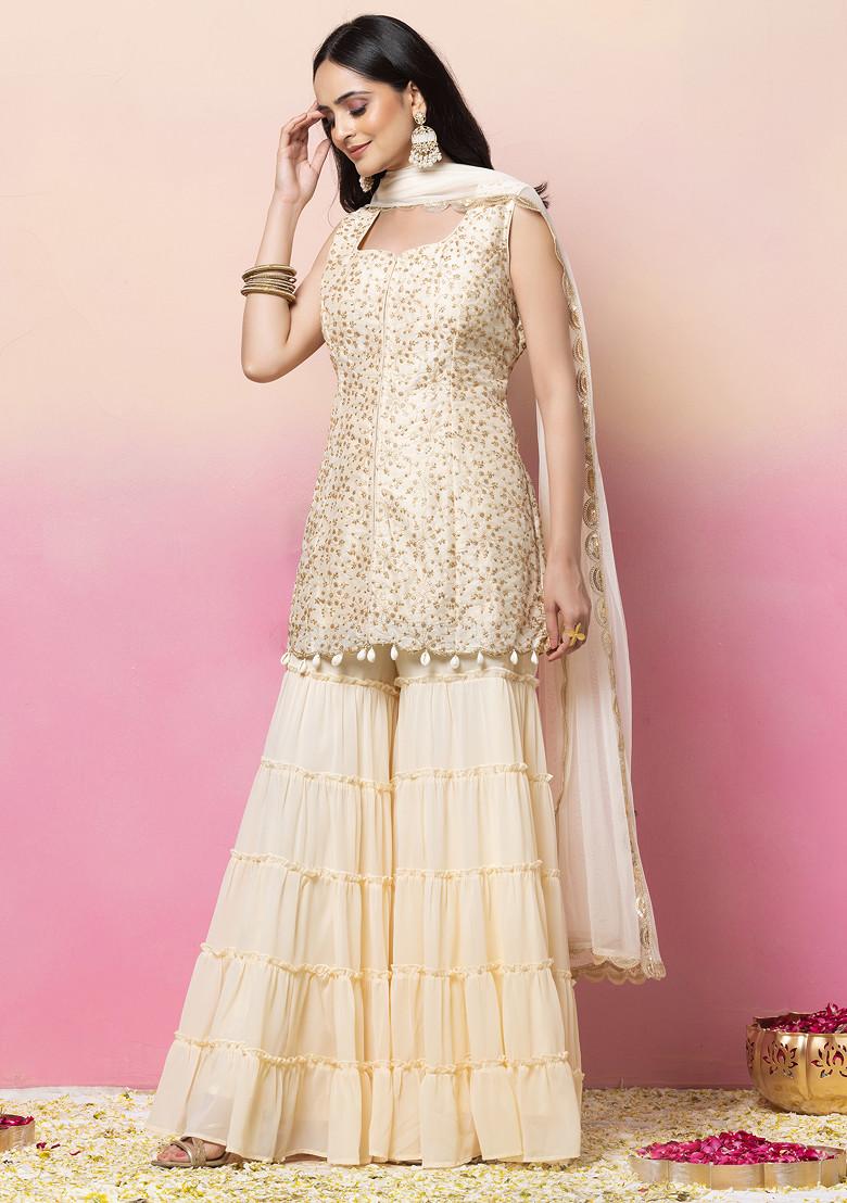 Buy Women Ivory Sharara Set With Sequin Zari Embroidered Silk Kurta And  Dupatta - Kurta Sets - Indya