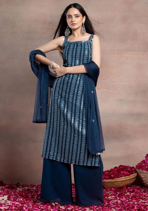 Teal Blue Mirror And Thread Embroidered Kurta Set With Palazzo And Dupatta