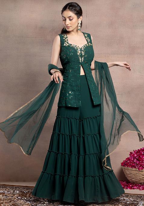 Dark Green Sharara Set With Mirror Thread Embroidered Kurta And Dupatta