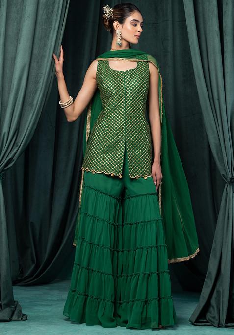 Green Tiered Sharara Set With Sequin Grid Embroidered Kurta And Dupatta