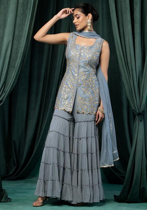 Grey Tiered Sharara Set With Sequin Grid Embroidered Kurta And Dupatta