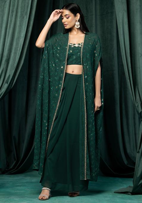 Deep Green Floral Thread Embroidered Jacket Set With Embroidered Blouse And Draped Skirt