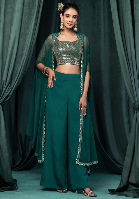 Forest Green Mesh Jacket Set With Sequin Zari Embroidered Blouse And Draped Skirt