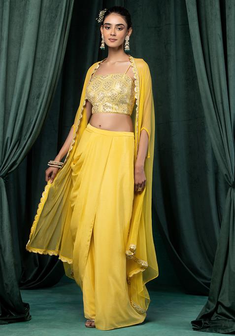 Yellow Mesh Jacket Set With Geometric Sequin Zari Embroidered Blouse And Draped Skirt