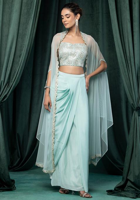 Seafoam Mesh Jacket Set With Geometric Sequin Zari Embroidered Blouse And Draped Skirt