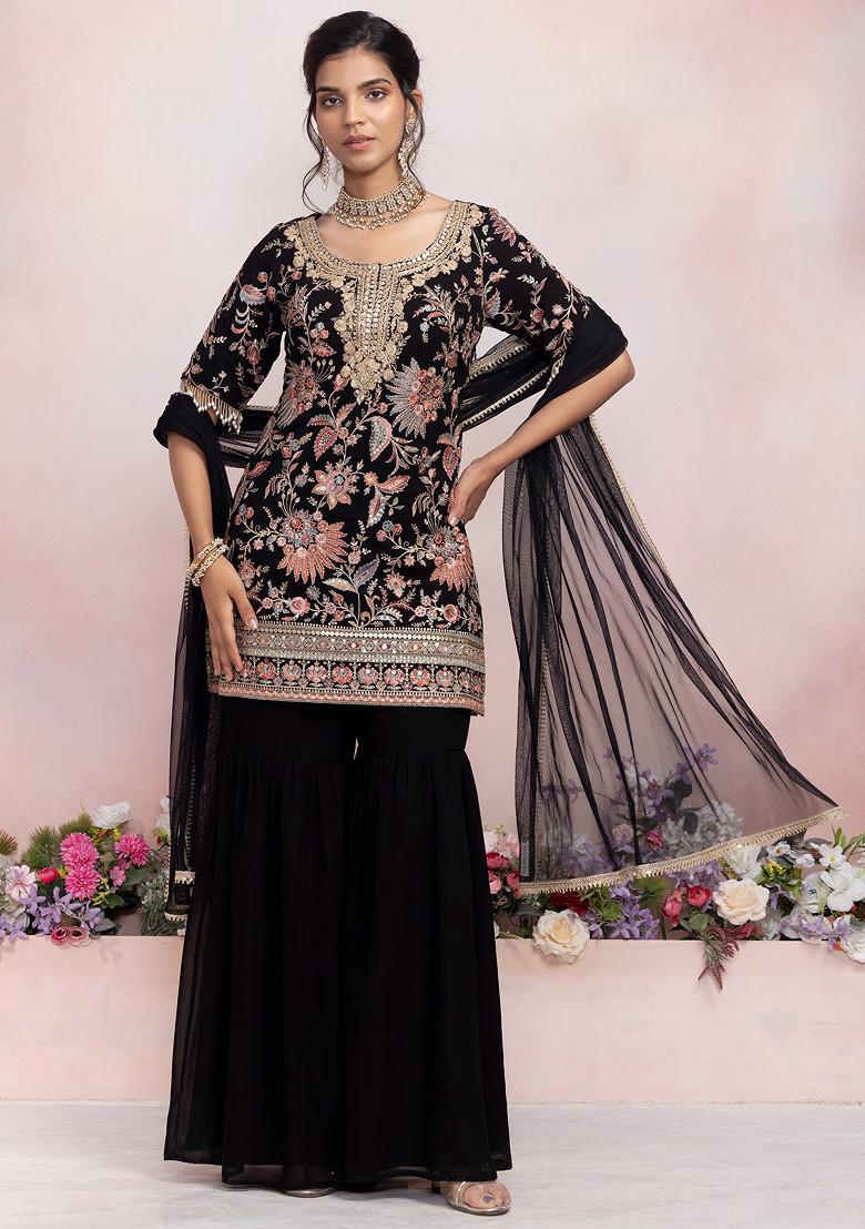 Buy Women Black Sharara Set With Multicolour Floral Zari Embroidered ...