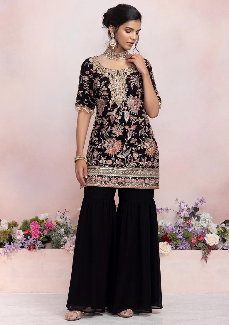 Zari Mirror Embroidered Straight Kurta Set with Sharara and Scalloped Dupatta