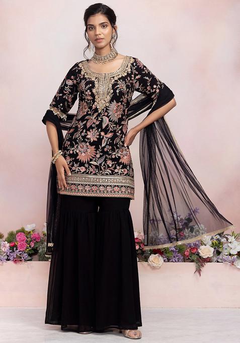 Black Sharara Set With Multicolour Floral Zari Embroidered Kurta And Dupatta