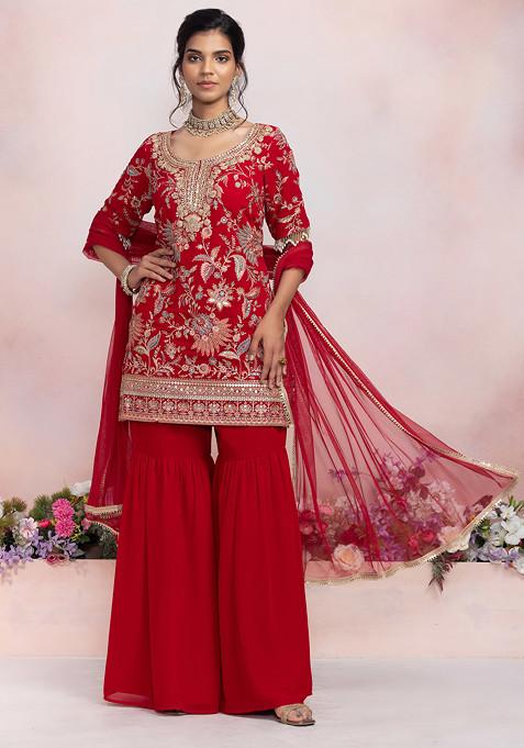 Ruby Red Sharara Set With Multicolour Floral Zari Embroidered Kurta And Dupatta
