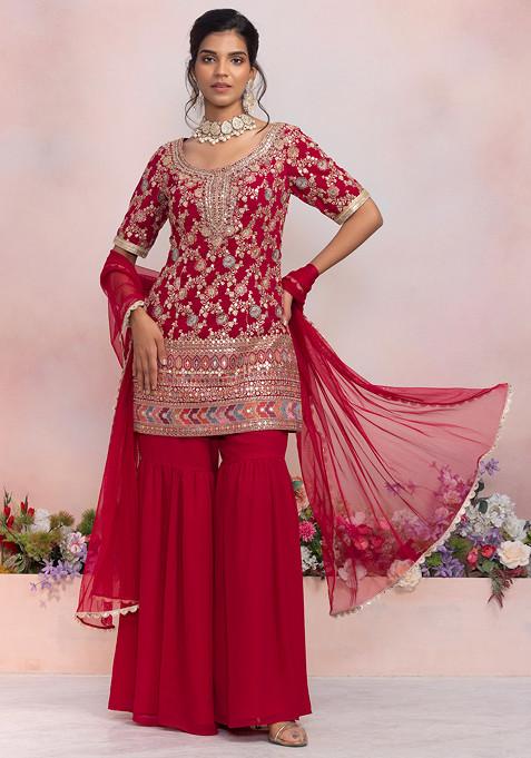 Fuchsia Pink Sharara Set With Multicolour Floral Zari Embroidered Kurta And Mesh Dupatta