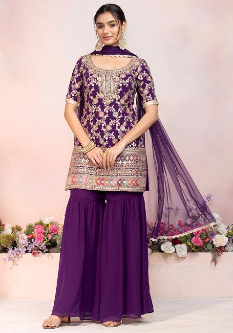 Purple Sharara Set With Multicolour Floral Zari Embroidered Kurta And Mesh Dupatta