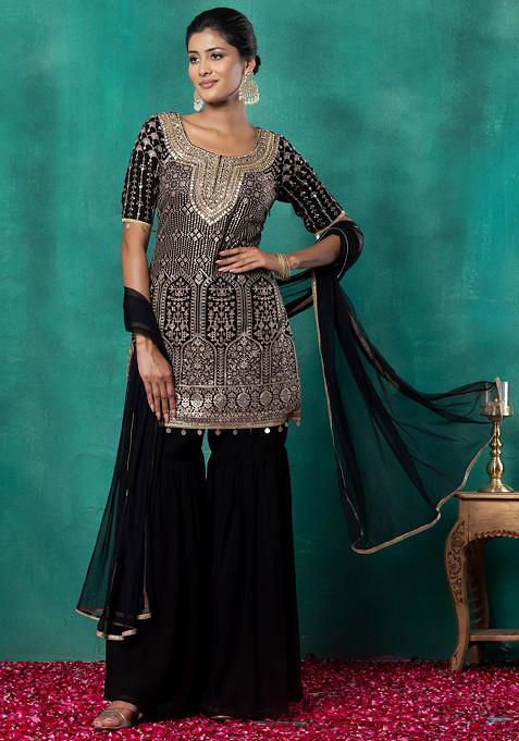 Black Sharara Set With Sequin Thread Chevron Embroidered Kurta And Dupatta