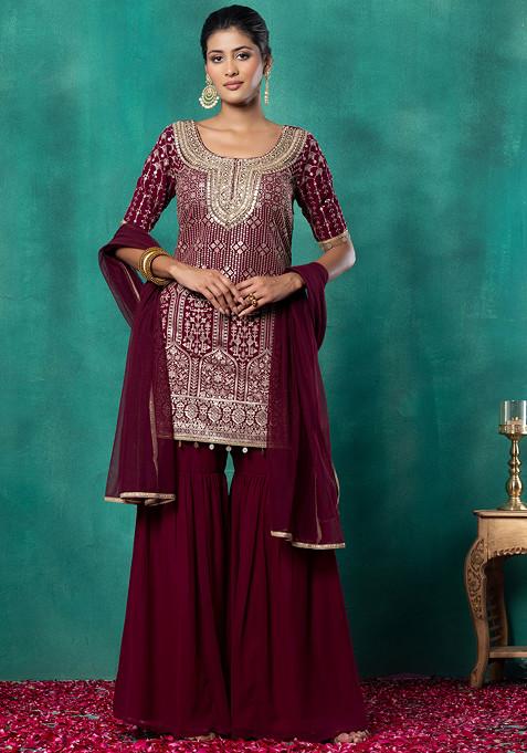 Purple Sharara Set With Sequin Thread Chevron Embroidered Kurta And Dupatta