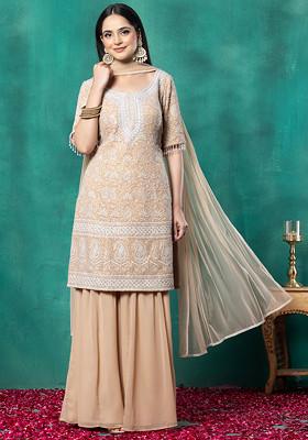 Light Pink Sharara Set With Paisley Thread Embroidered Kurta And Dupatta