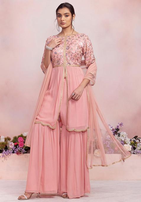 Peach Sharara Set With Multicolour Sequin Thread Embroidered Kurta And Dupatta