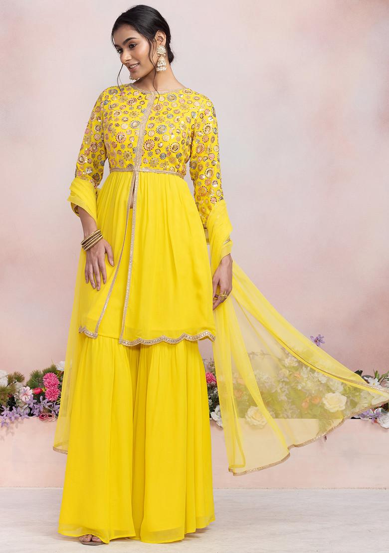 Yellow Embroidered Jacquard Straight Kurta with Printed Sharara and Dupatta Set