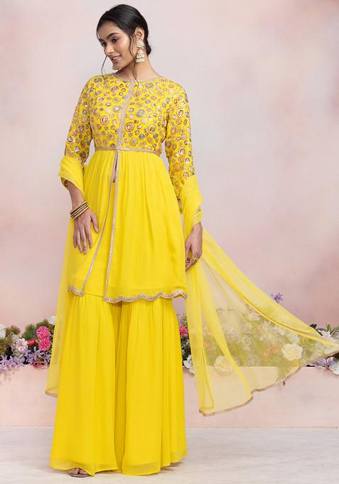 Yellow Sharara Set With Multicolour Sequin Thread Embroidered Kurta And Dupatta