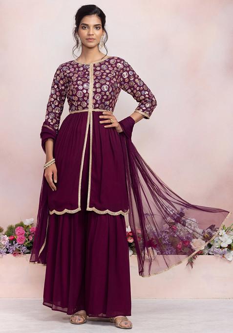 Dark Purple Sharara Set With Multicolour Sequin Thread Embroidered Kurta And Dupatta