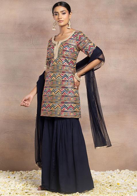 Navy Embroidered Kurta And Sharara With Dupatta