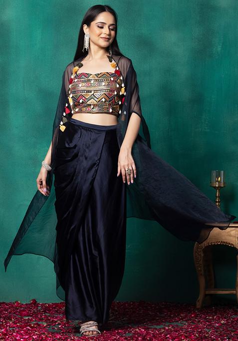 Navy Blue Organza Jacket Set With Mirror Thread Embroidered Blouse And Draped Skirt