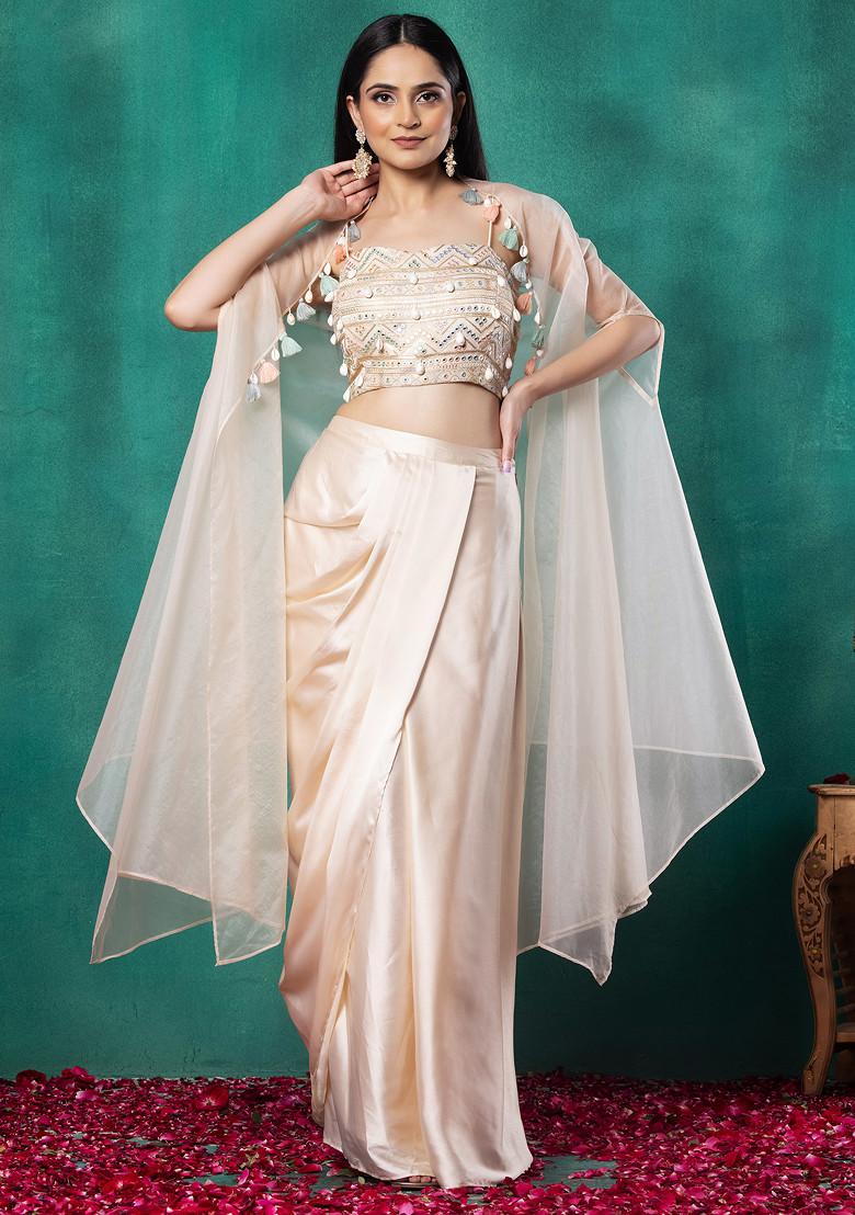 Beige Organza Jacket Set With Mirror Thread Embroidered Blouse And Draped Skirt