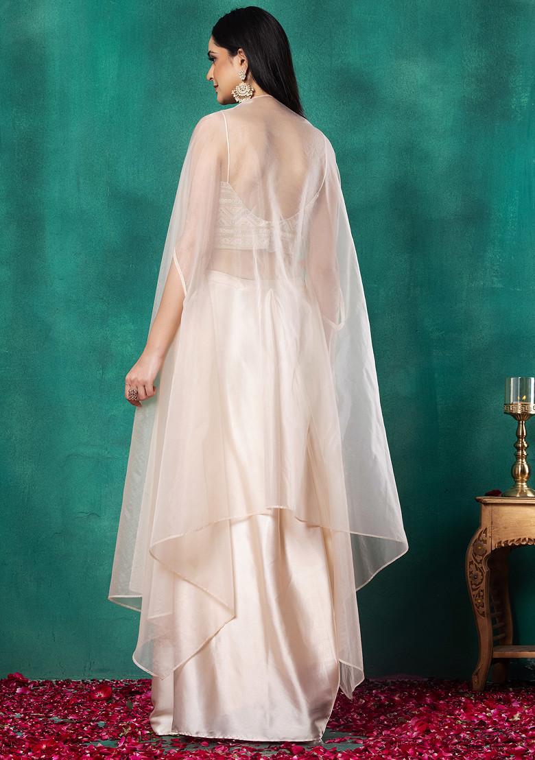 Beige Organza Jacket Set With Mirror Thread Embroidered Blouse And Draped Skirt