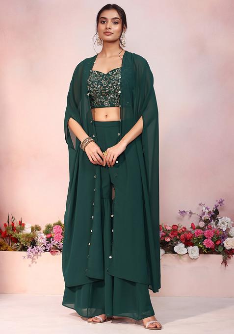 Dark Green Jacket Set With Floral Sequin Embroidered Blouse And Palazzo