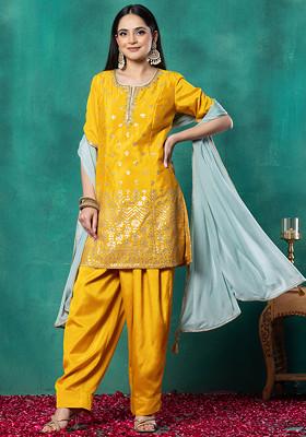 Mustard Sequin Hand Embroidered Kurta Set With Salwar And Contrast Dupatta