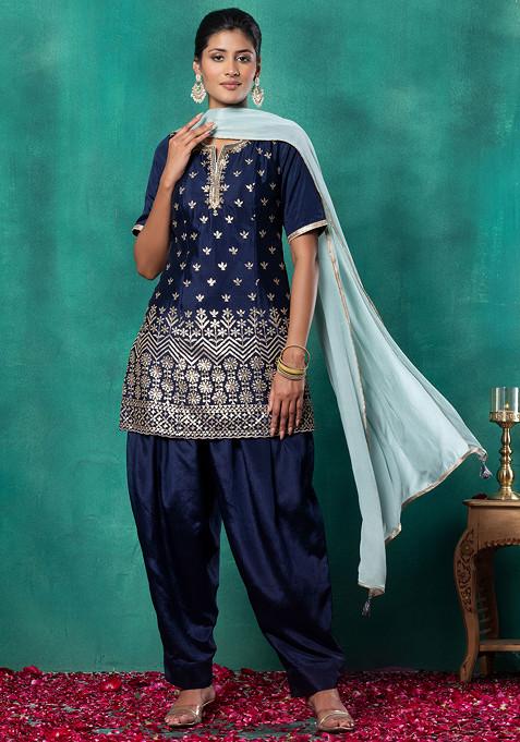Navy Blue Sequin Hand Embroidered Kurta Set With Salwar And Contrast Dupatta