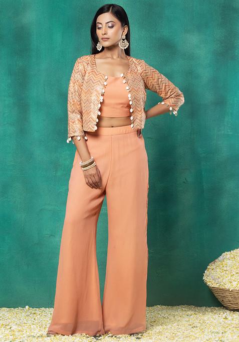 Peach Multicolour Chevron Thread Embroidered Short Jacket Set With Blouse And Sharara