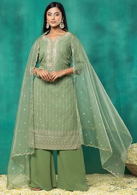 Moss Green Sequin Zari Geometric Embroidered Kurta Set With Pants And Organza Dupatta