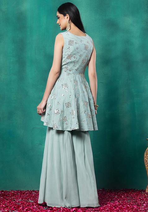 Sea Green Woven Floral Kurta Sharara Set with Banarasi Dupatta