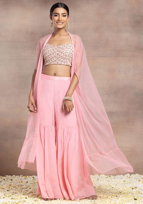 Pink Sharara Set With Pearl Sequin Scallop Embroidered Blouse And Mesh Jacket