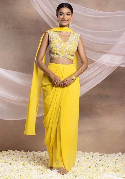 Yellow Draped Lehenga Set With Sequin Hand Embroidered Blouse And Choker Dupatta