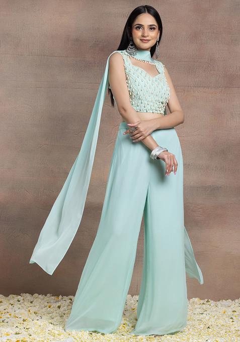 Seafoam Palazzo Set With Pearl Embroidered Blouse And Choker Dupatta