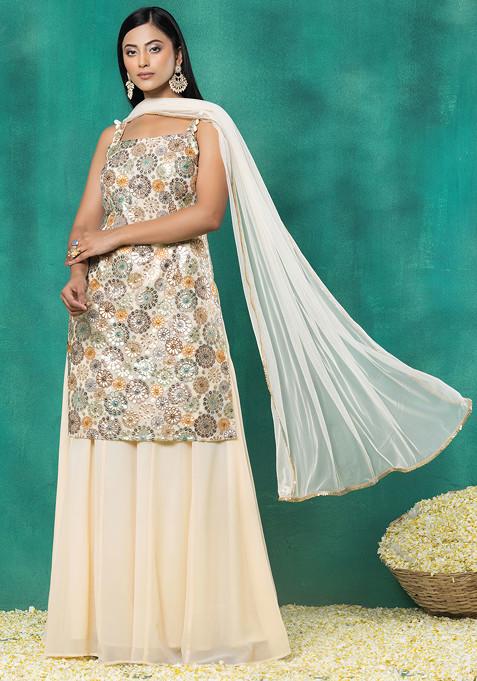 Ivory Sharara Set With Multicolour Sequin Thread Embroidered Kurta And Dupatta