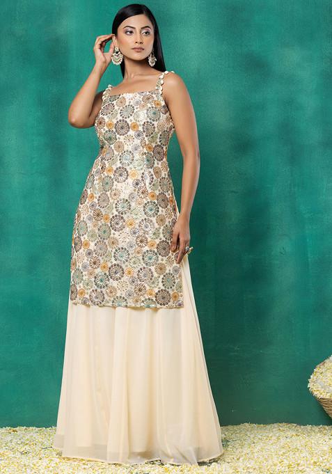 Women Beige Embroidered Straight Kurta Sharara With Dupatta Set