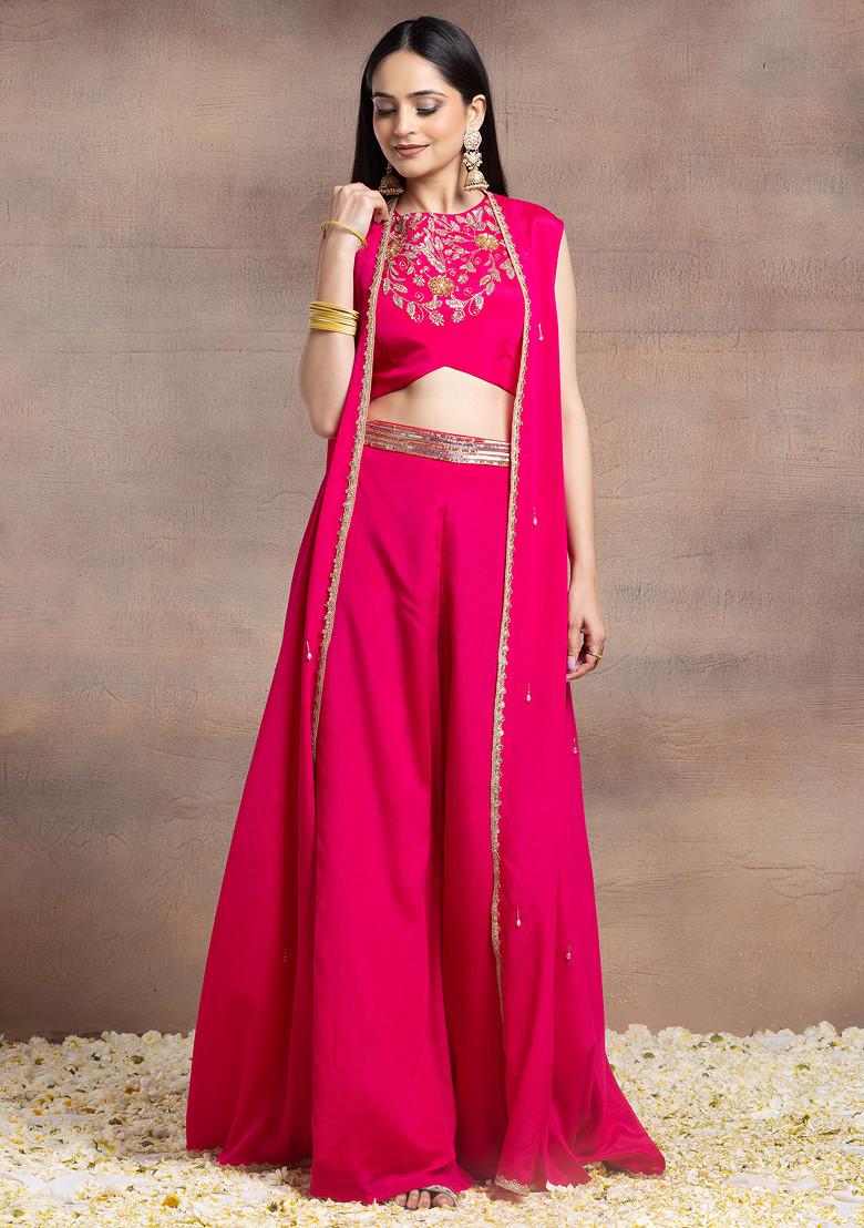 Fuchsia Pink Jacket Set With Sequin Embroidered Blouse And Palazzo