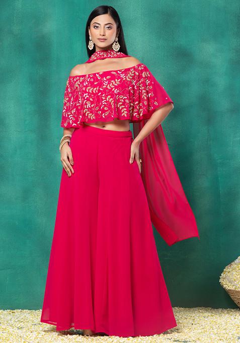 Pink Sharara Set With Floral Embroidered Off Shoulder Blouse And Choker Dupatta