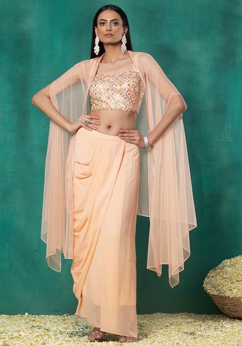 Peach Mesh Jacket Set With Mirror Thread Embroidered Blouse And Cowl Skirt