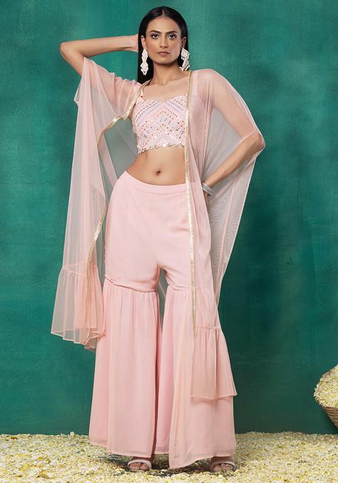 Pastel Pink Sharara Set With Gota Patti Embroidered Blouse And Mesh Jacket
