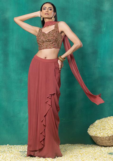 Rusty Rose Draped Lehenga Set With Floral Embroidered Blouse And Choker Dupatta