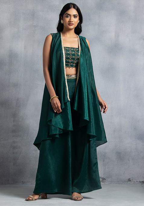 Deep Green Jacket Set With Sequin Crystal Embroidered Blouse And Palazzo