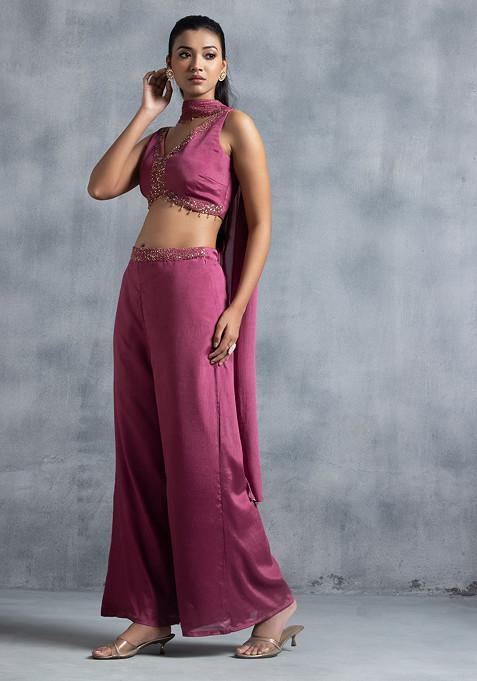 Wine Pants Set With Set With Sequin Bead Embroidered Blouse And Choker Dupatta