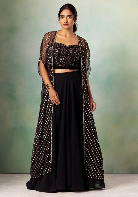 Black Lehenga Set With Sequin Embroidered Blouse And Foil Print Jacket