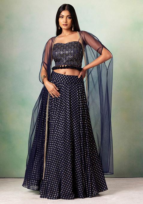 Navy Blue Foil Print Lehenga Set With Embroidered Blouse And Mesh Jacket