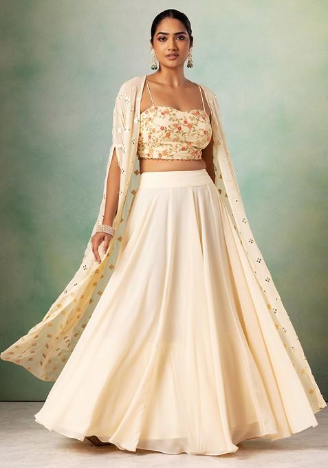 Ivory Lehenga Set With Multicolour Floral Embroidered Blouse And Jacket